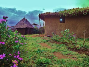 Un paysage rural avec une hutte au toit de chaume et une maison en terre, dotée d’un luminaire.