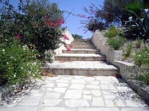 Una escalera de piedra que asciende por una colina, rodeada de vegetación y plantas en flor.