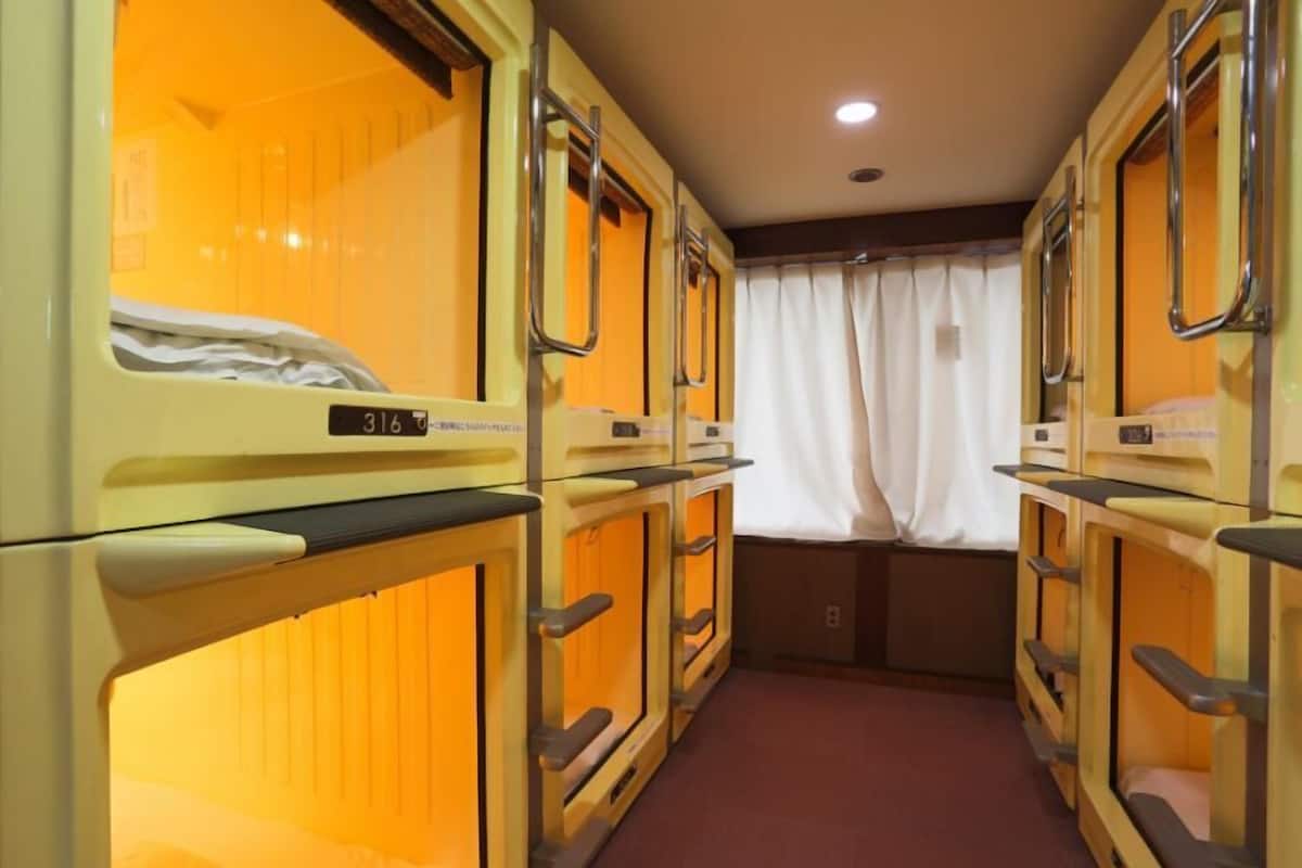 A row of bunk beds with metal railings, a window with curtains, and a carpeted floor.