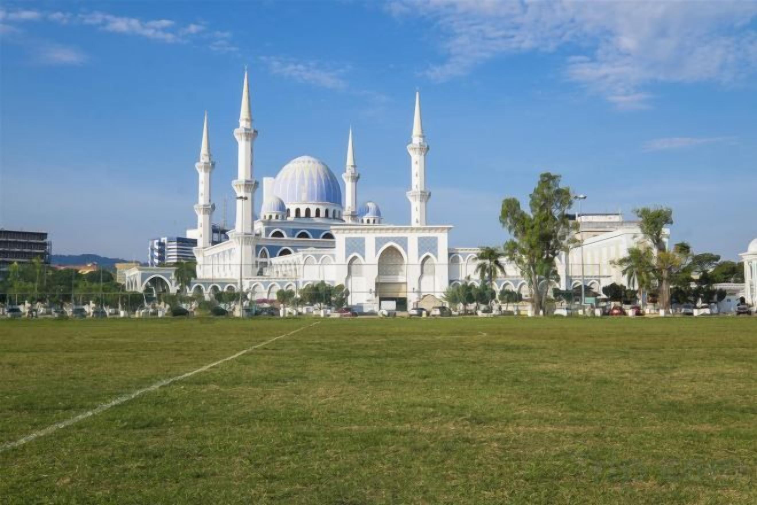 A large mosque with multiple minarets and a central dome, surrounded by a grassy field and a few trees.
