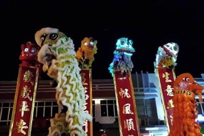 Una hilera de figuras de baile del león en postes con caracteres chinos, probablemente indicando un evento o celebración cultural.
