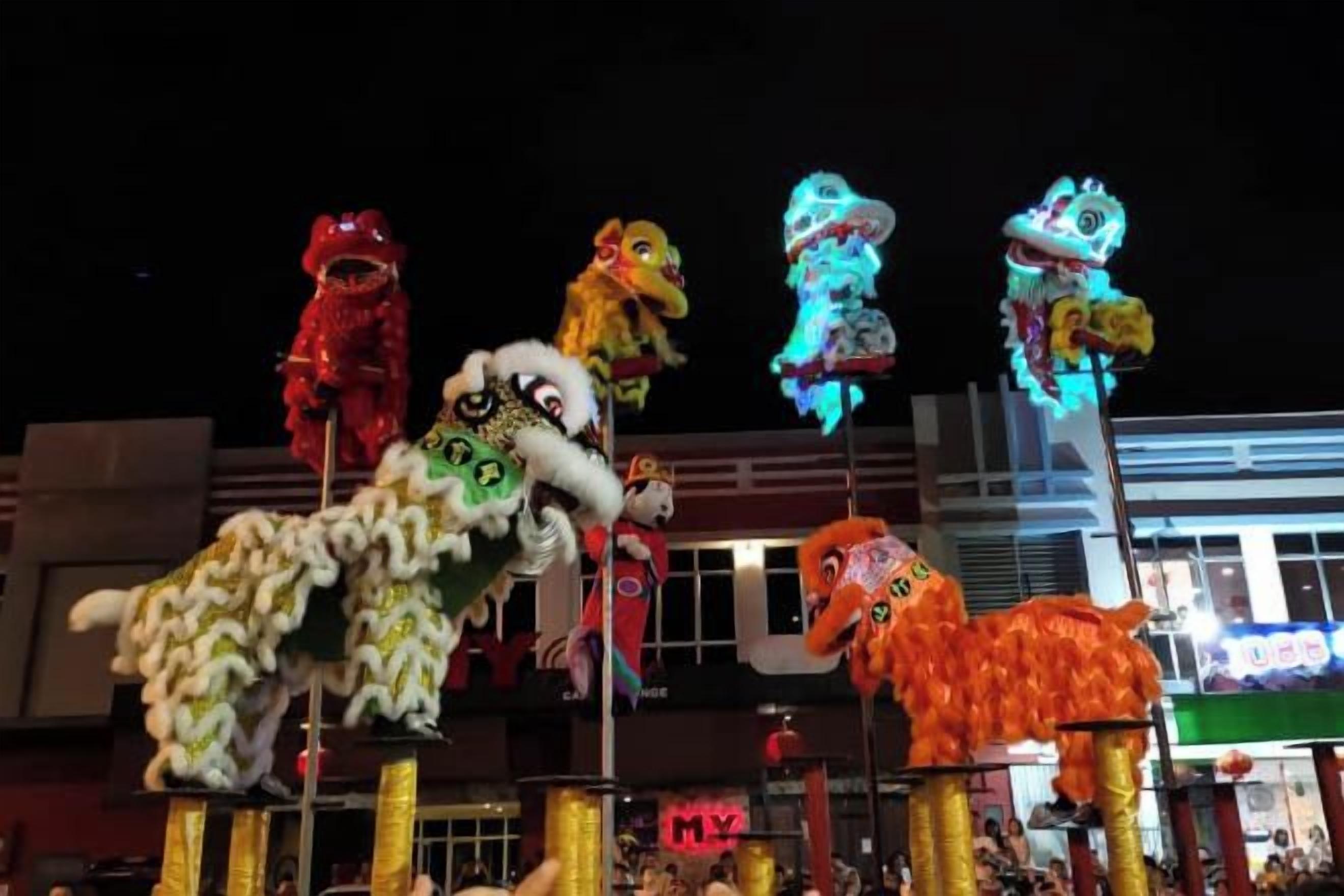 Scena notturna con figure danzanti a forma di leone illuminate.