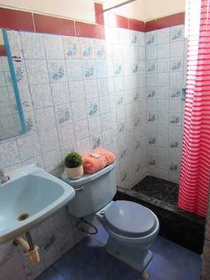 Buồng tắm vòi sen, khăn tắm, xà phòng, giấy vệ sinh