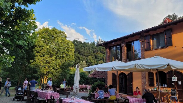 An outdoor dining area with tables covered in checkered tablecloths, surrounded by trees and a building with large windows. - Agriturismo Rio Verde (Sasso Marconi)
