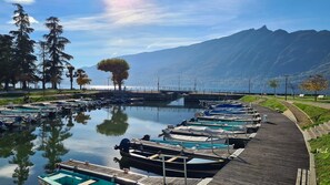 A marina with boats docked along a wooden walkway, surrounded by trees and mountains in the background. - T2 new ♥ ️ with parking between town and calm lake (AIX LES BAINS)