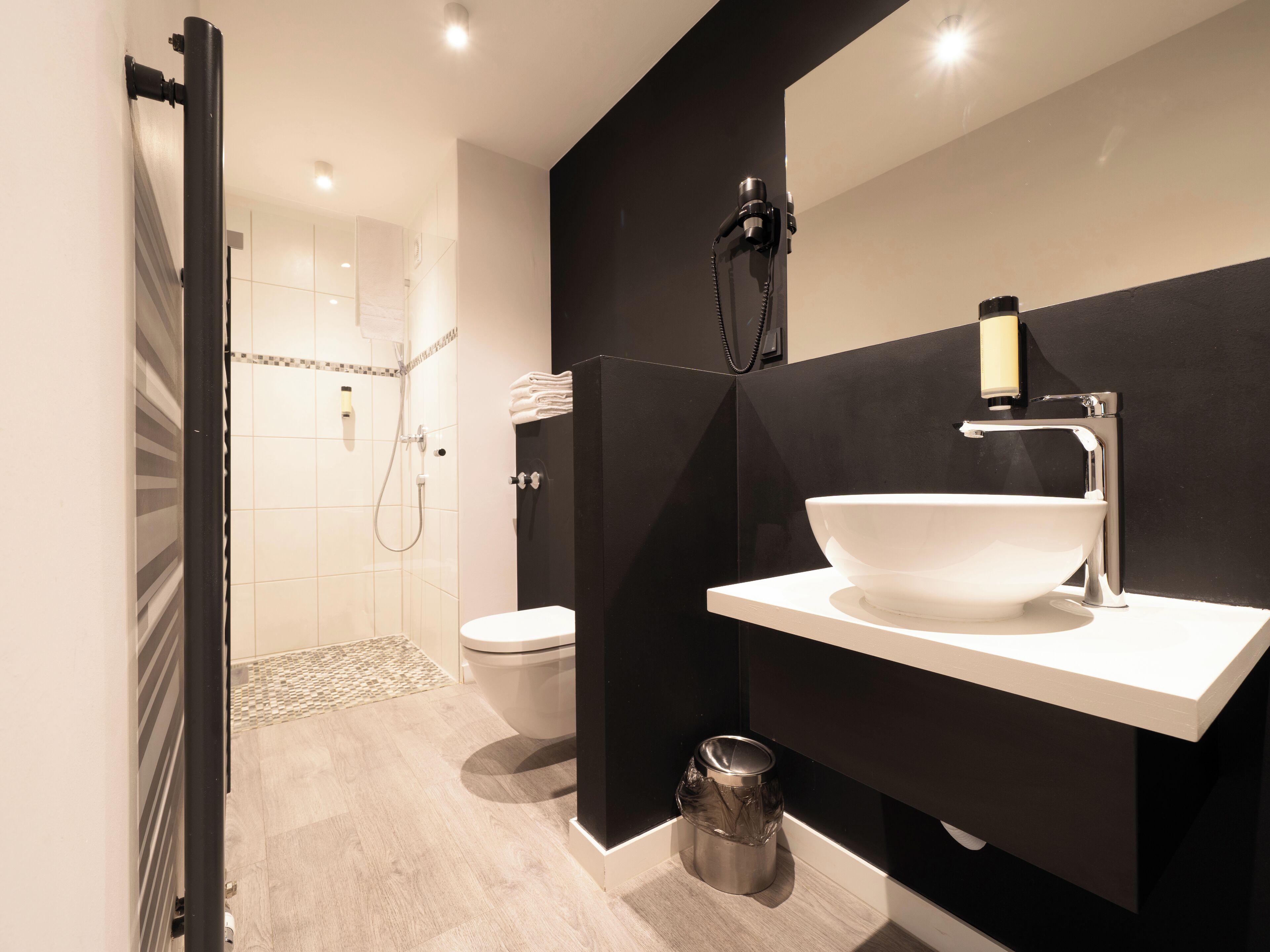 hair dryer, towels, soap, shampoo