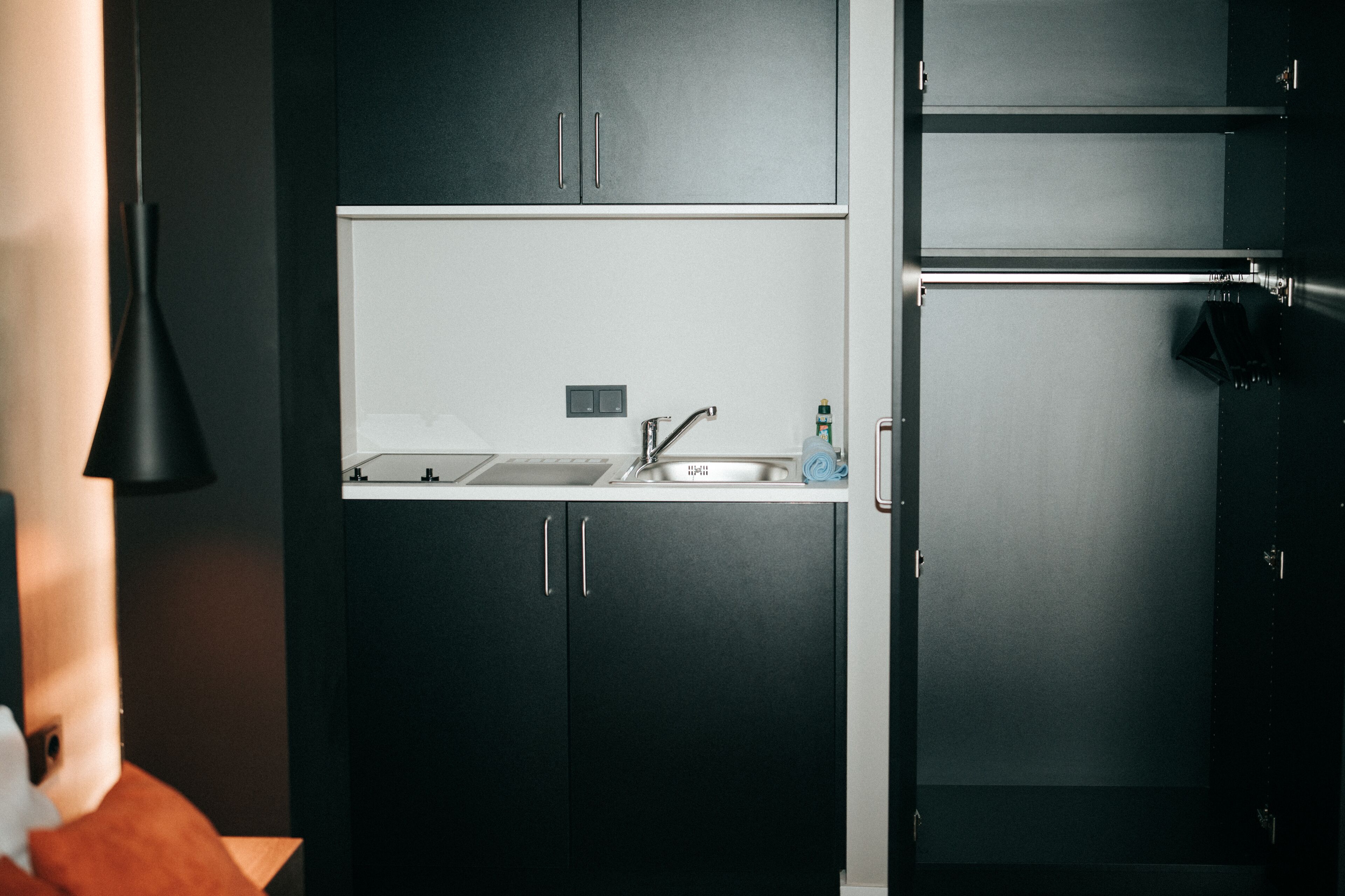 small studio | private kitchen | fridge, stovetop, cookware/dishes/utensils