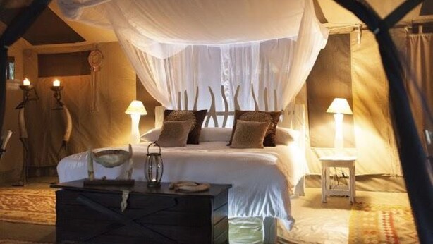 Una habitación con carpa, una cama, dos lámparas de noche y una mesita de noche.