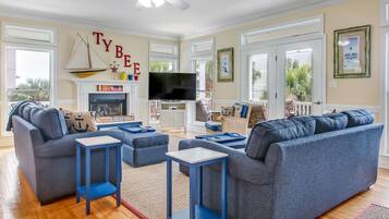 TV, fireplace, DVD player, foosball
