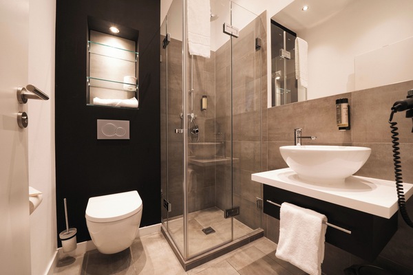 Shower, rainfall showerhead, hair dryer, towels