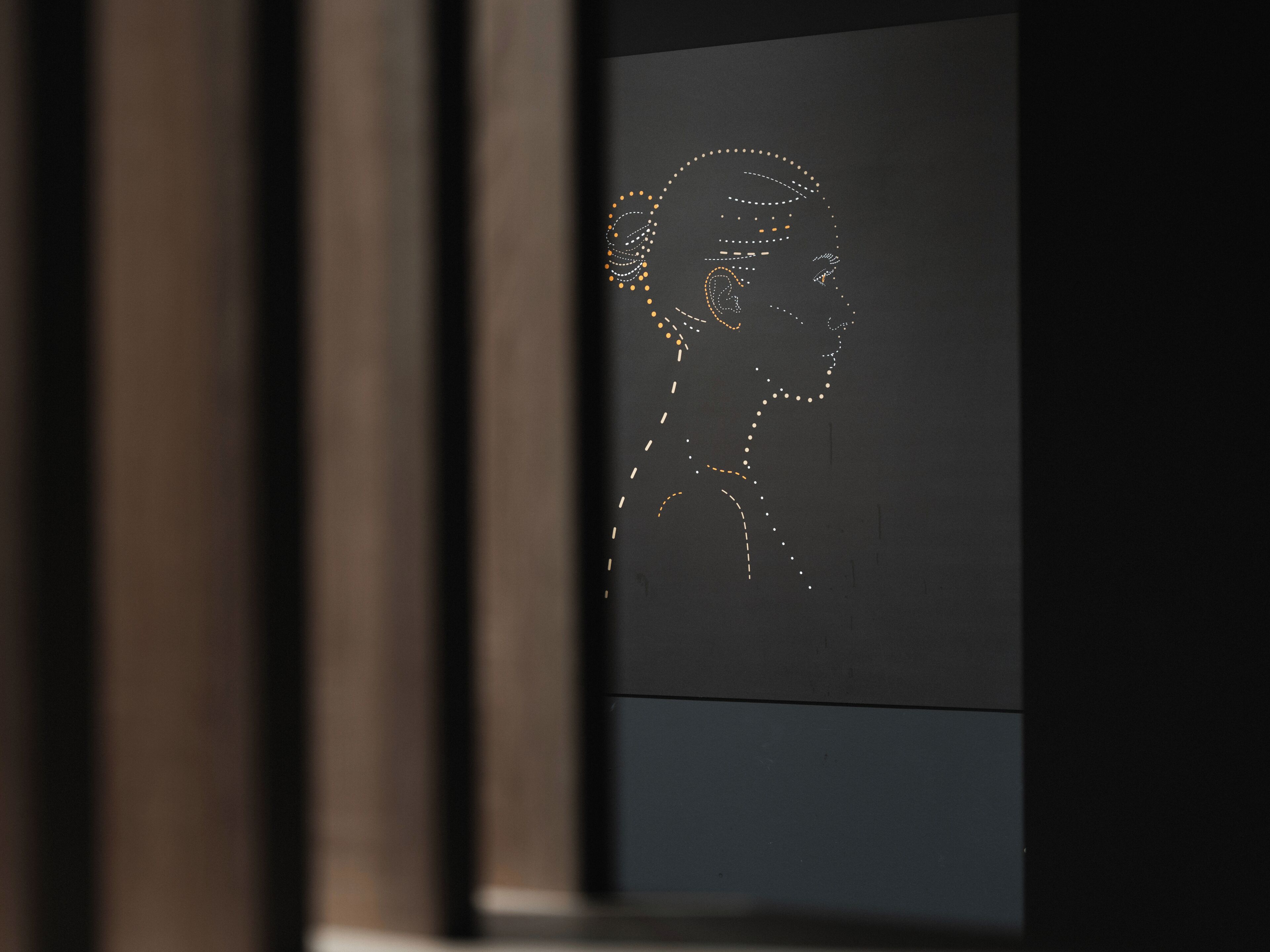 A close-up of a wall with a dotted line drawing of a profile.