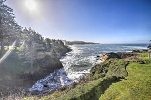 Un paisaje costero con costa rocosa, árboles densos y cielo despejado.