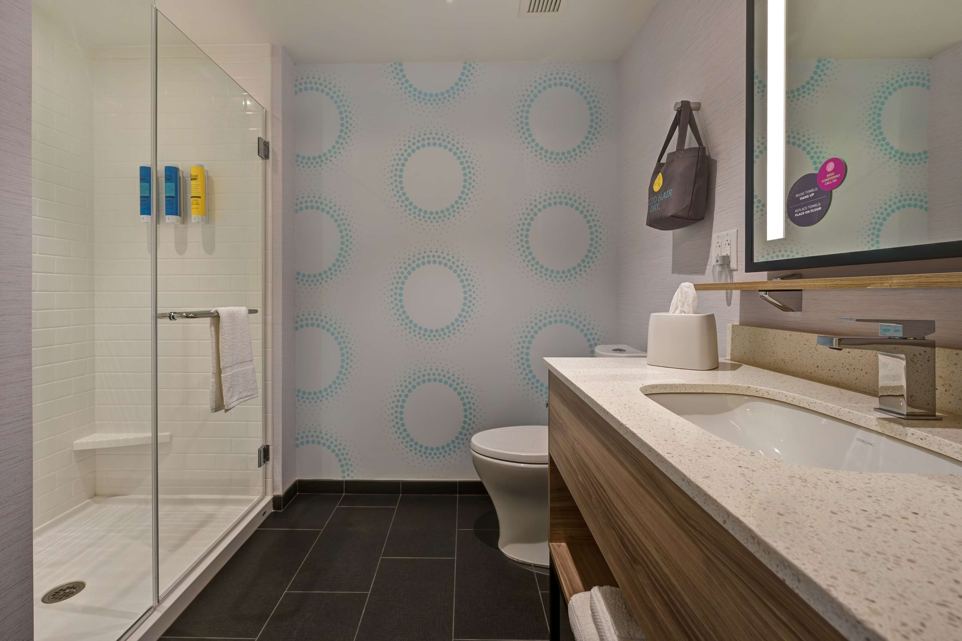 combined shower/bathtub, hair dryer, towels, soap