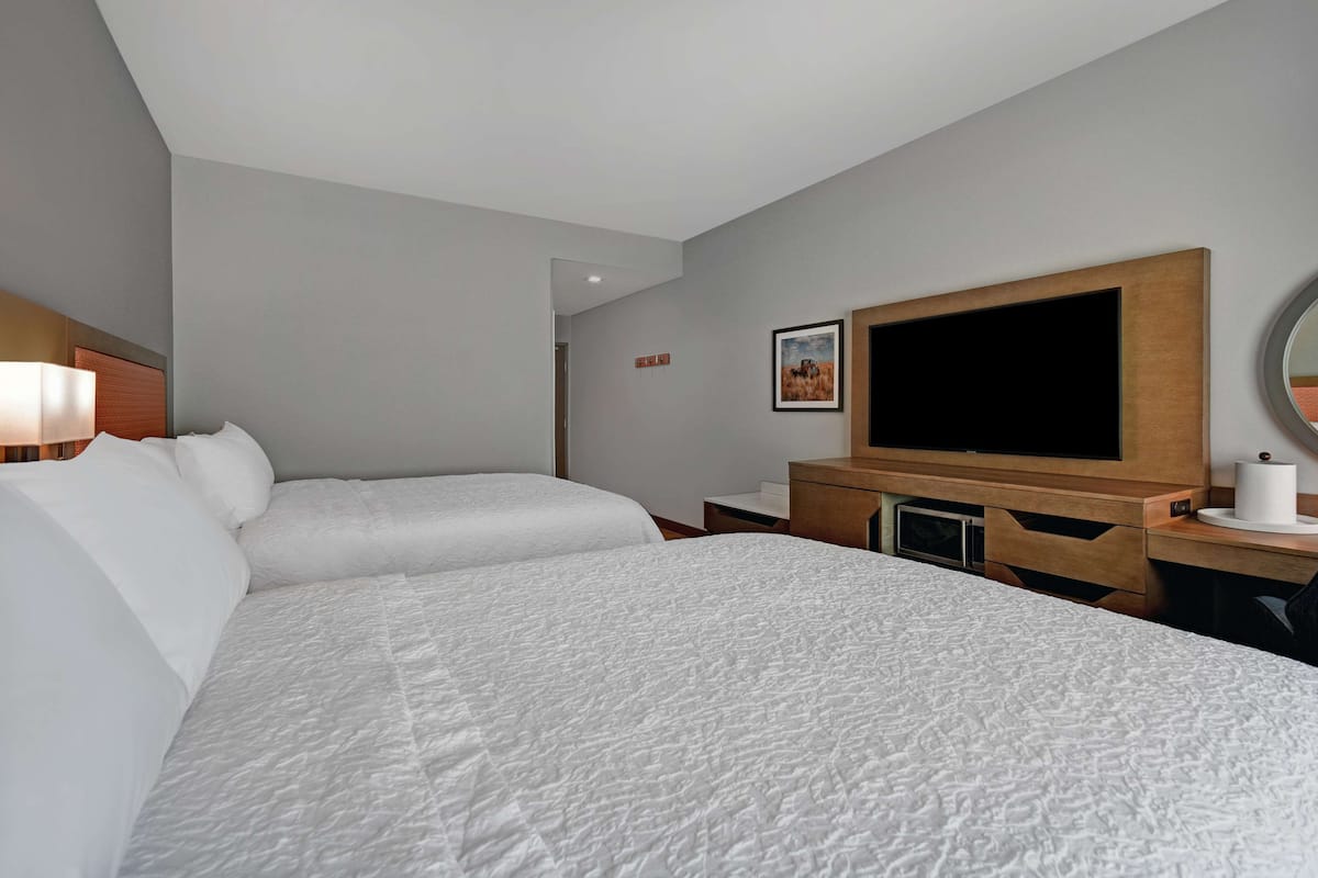 A hotel room with two beds, a television, a desk with a lamp, and a picture on the wall.
