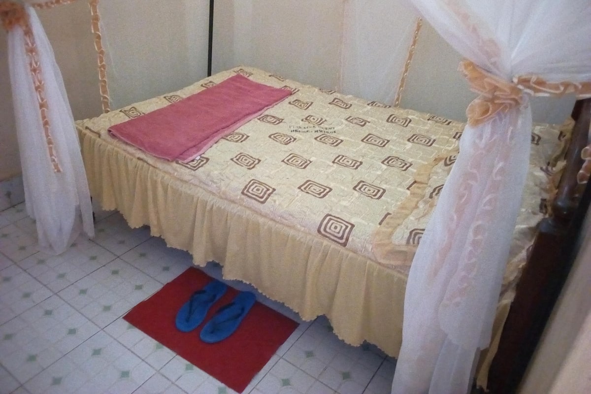 A single bed with a canopy, a red mat, and blue slippers on the floor.