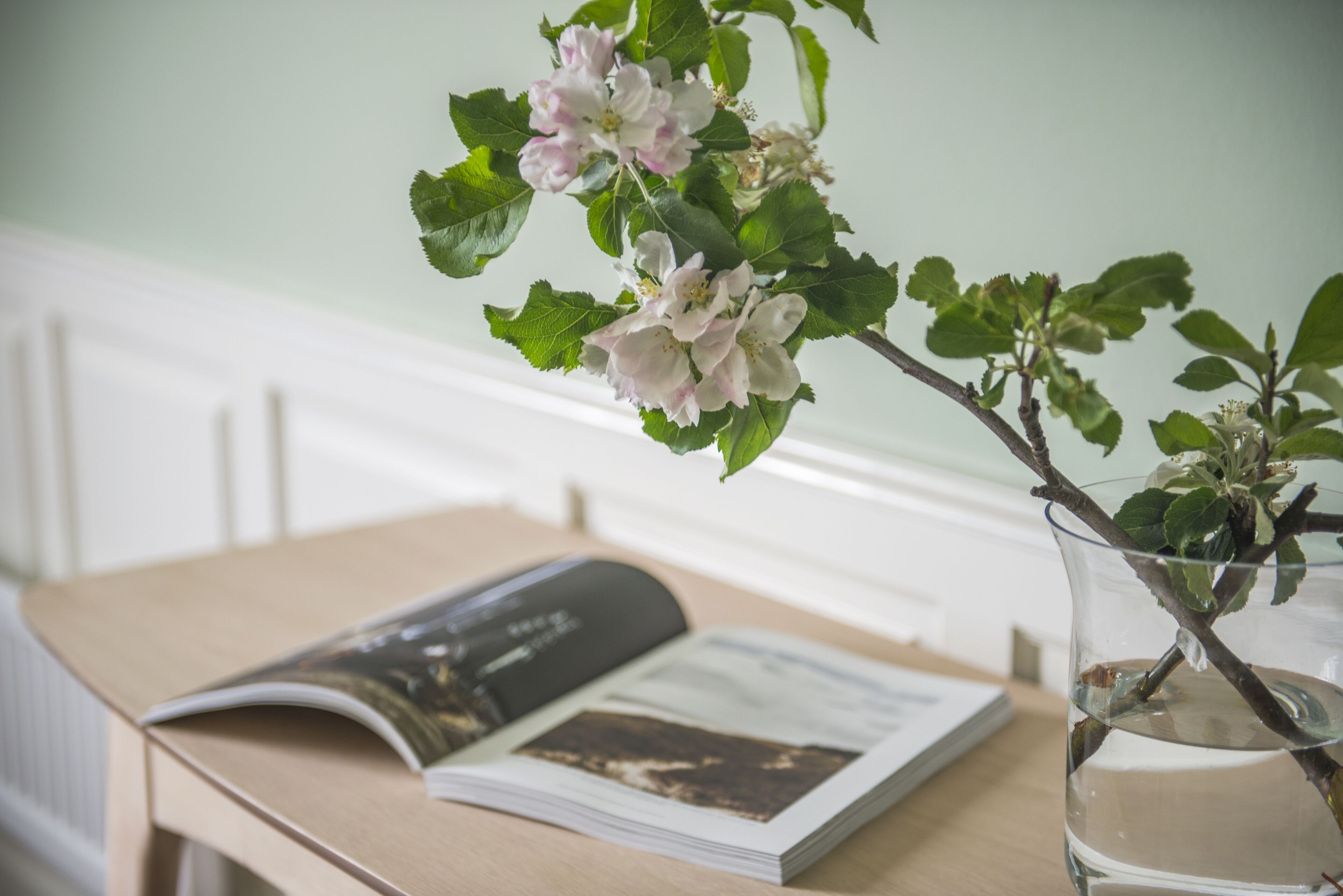 Un livre posé sur une table, à côté d’une branche avec des fleurs dans un vase en verre.