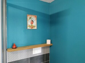 A bathroom with teal walls, a wooden shelf with a roll of toilet paper, and a framed picture on the wall. - Chambre d'Hotes des Bassins (Saint-Paul-en-Chablais)