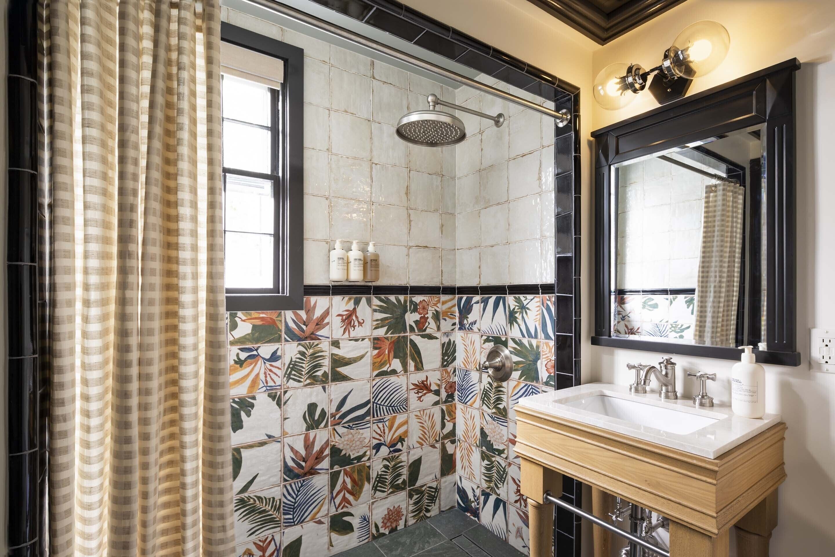 shower, rainfall showerhead, designer toiletries, hair dryer