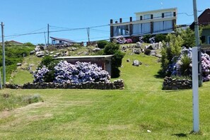 A residential area with a modern house, a stone wall, and a garden with purple flowers.