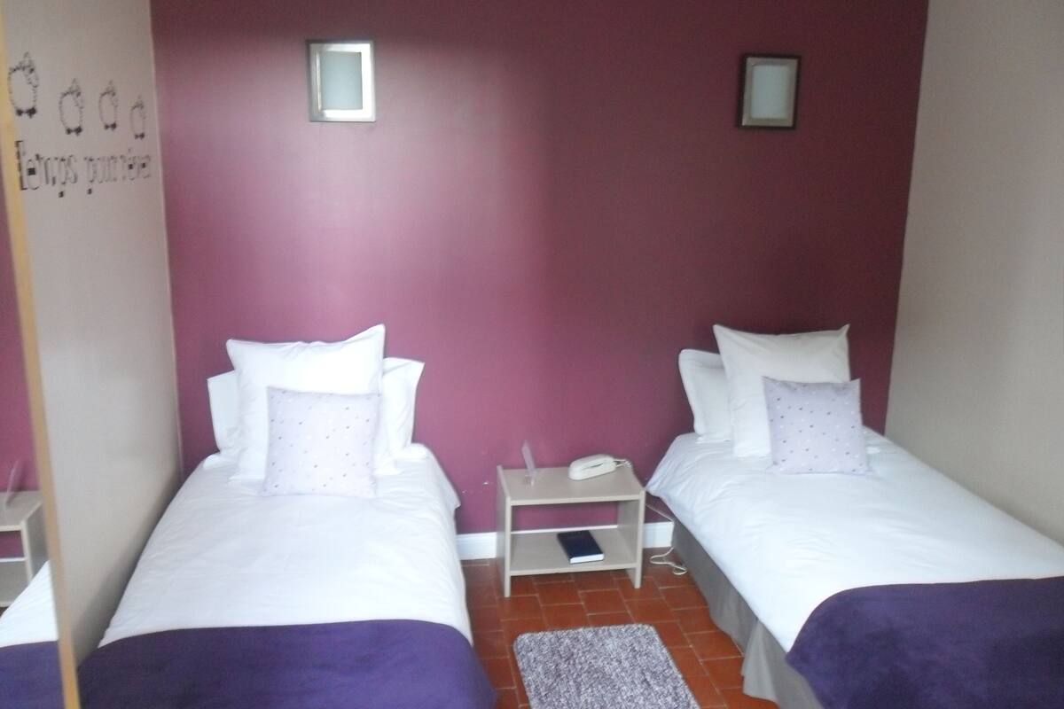 A room with two single beds, each with a pillow and a small bedside table.