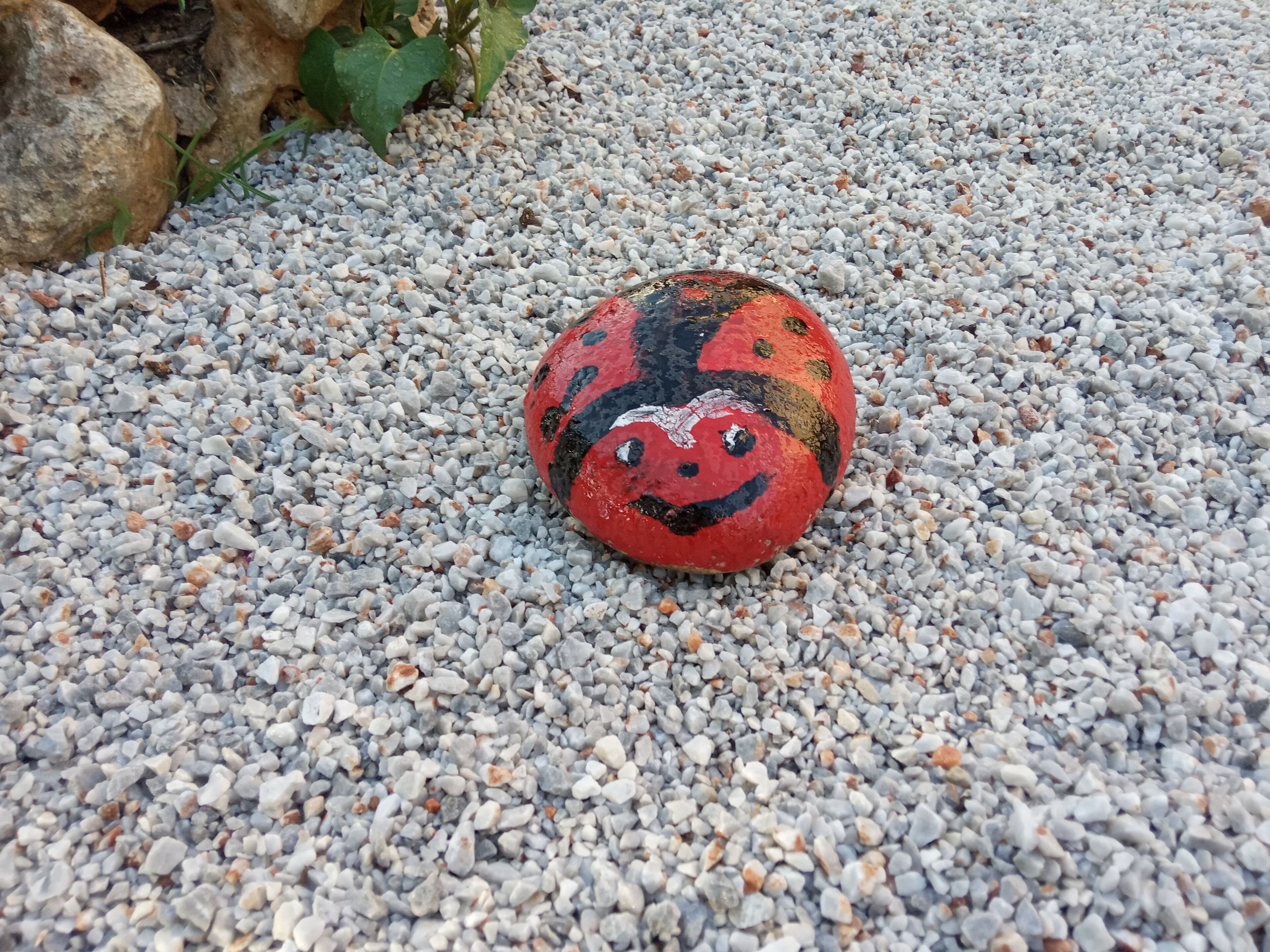 A painted ladybug rock on a gravel surface.