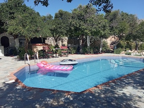 A swimming pool with a blue tiled edge, surrounded by trees and a patio area with outdoor furniture. - VILLA WITH  PRIVE POOLGARDEN AREA, bbq , wi-fi,  near sea , town, local tavern (rethymno)