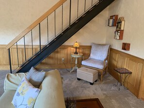 Smart TV, fireplace, DVD player, books