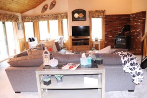 Smart TV, fireplace, DVD player, books