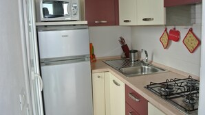 A compact kitchen with a microwave, refrigerator, sink, and gas stove.