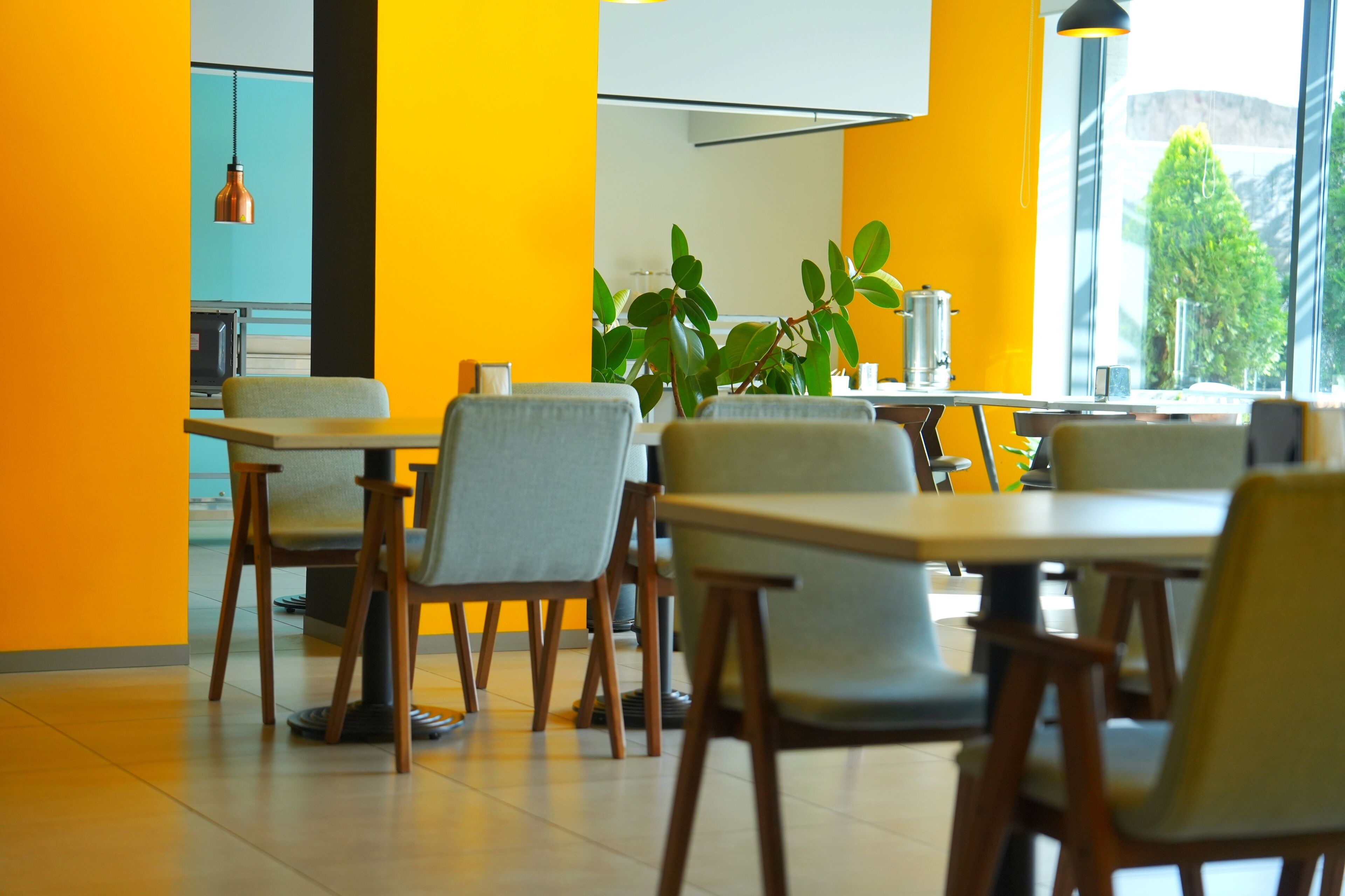 A modern dining area with wooden tables and chairs, a large window with a view of greenery, and a bright yellow accent wall.