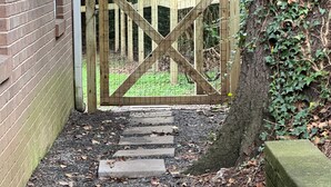 Un sendero conduce a un portón de madera, rodeado por un muro de ladrillo y un árbol.
