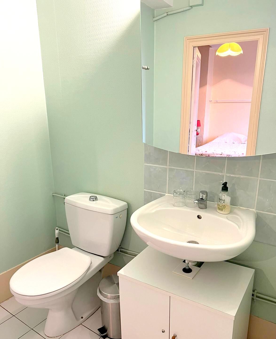 A bathroom with a toilet, sink, and mirror.