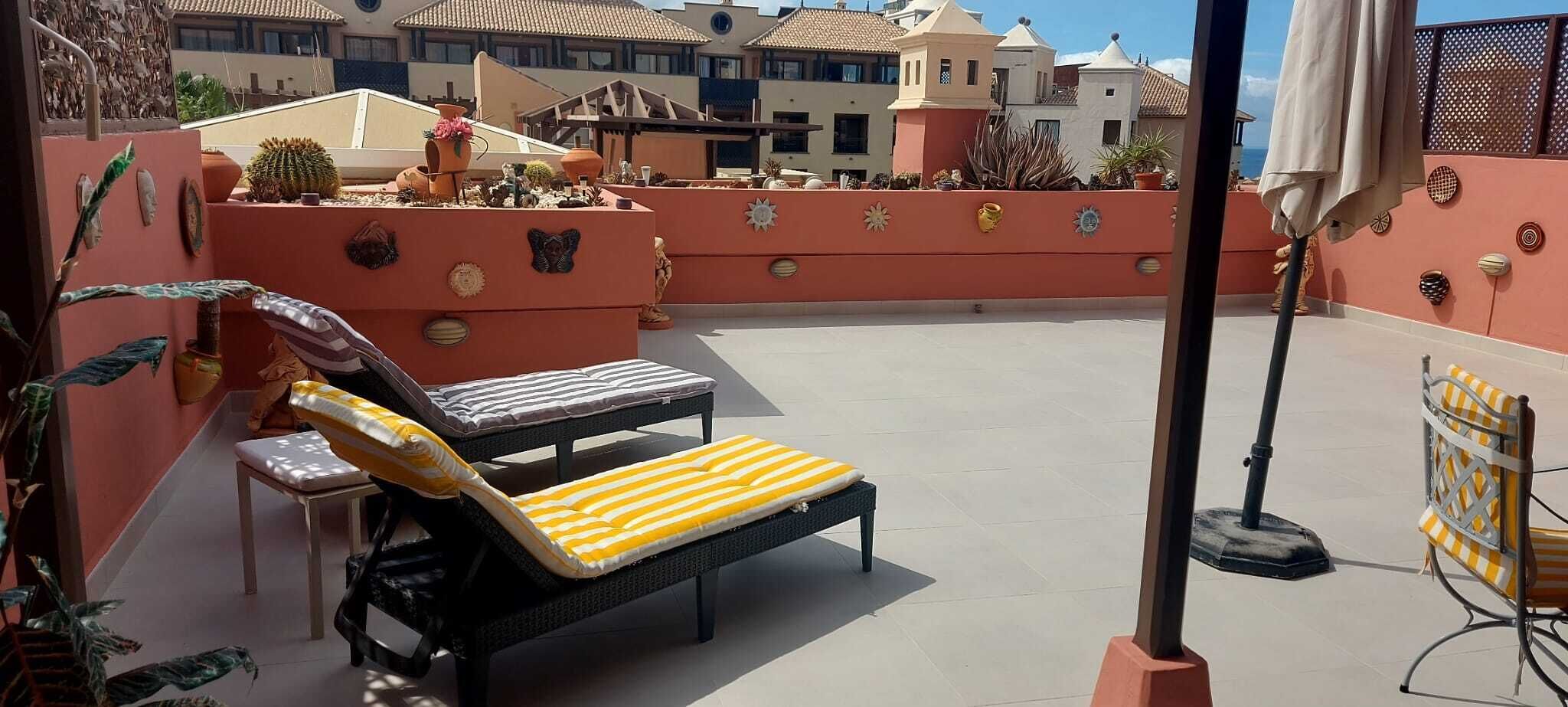 A rooftop terrace with two sun loungers, a small table, and potted plants.
