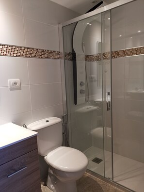 Hair dryer, towels, soap, shampoo
