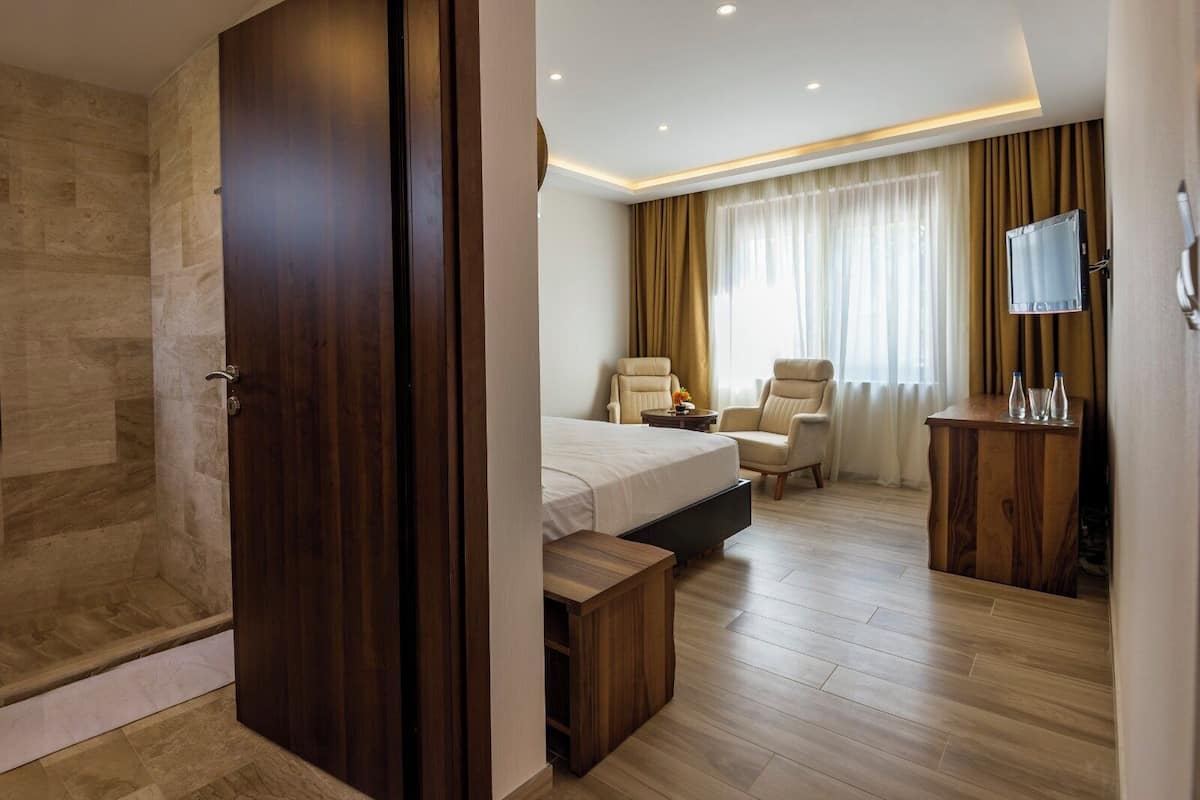 A hotel room with a bed, a desk, a chair, a television, and a bathroom with a shower and a toilet.