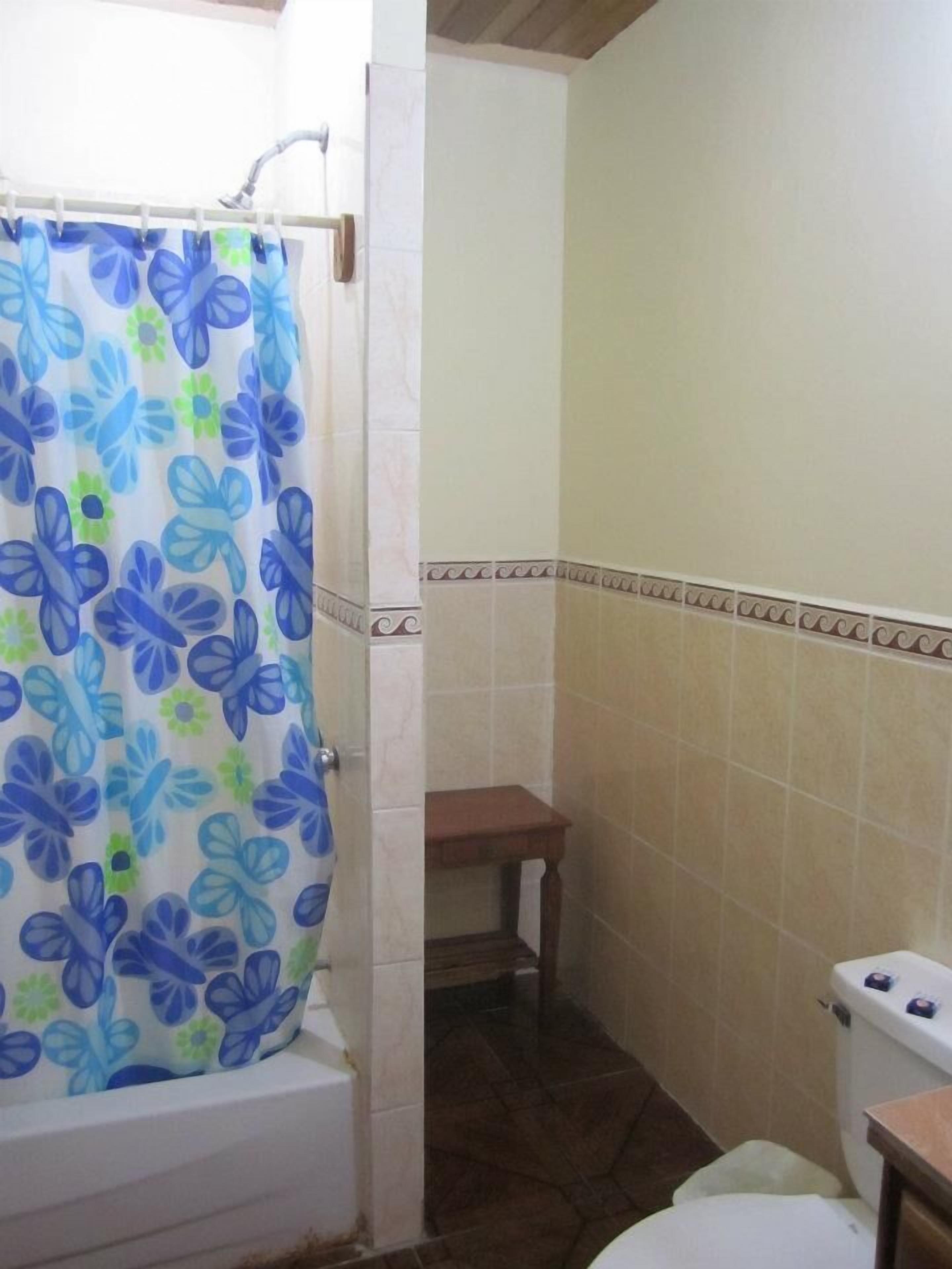 A bathroom with a shower curtain featuring a blue and green butterfly pattern, a small wooden stool, and a toilet with a beige tiled wall.