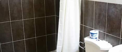 Un baño con ducha, inodoro y bidé.