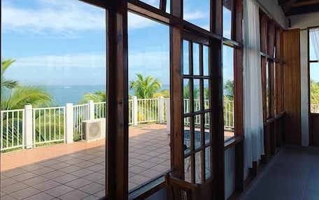 A room with large windows offering a view of the ocean and palm trees.