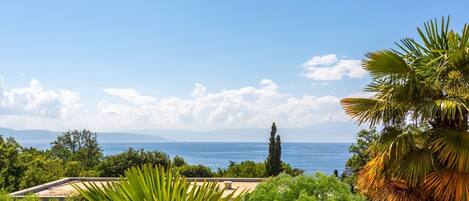 A coastal landscape with a view of the sea, a clear sky, and lush greenery.