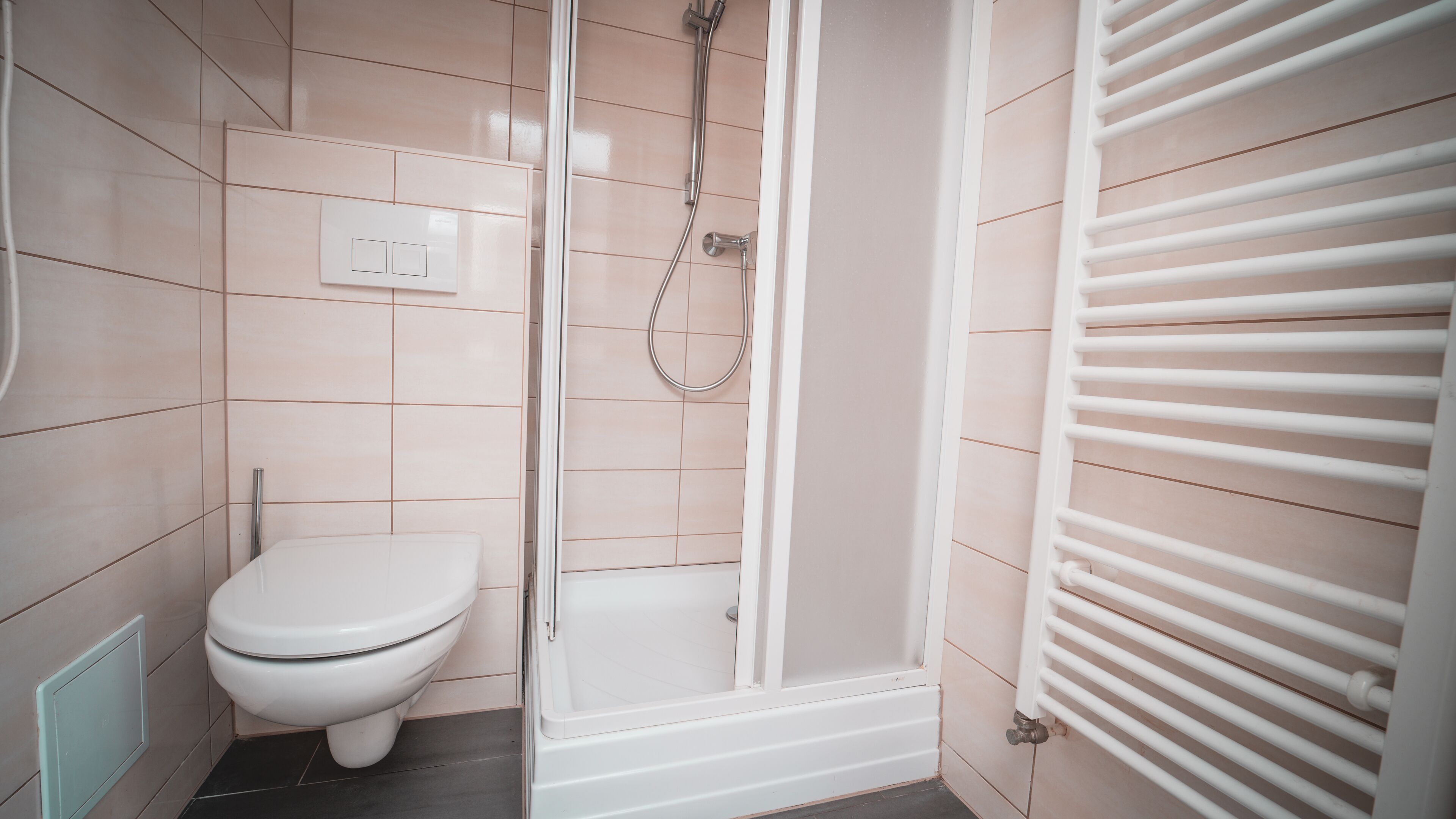 A bathroom with a toilet, a shower enclosure, and a radiator.