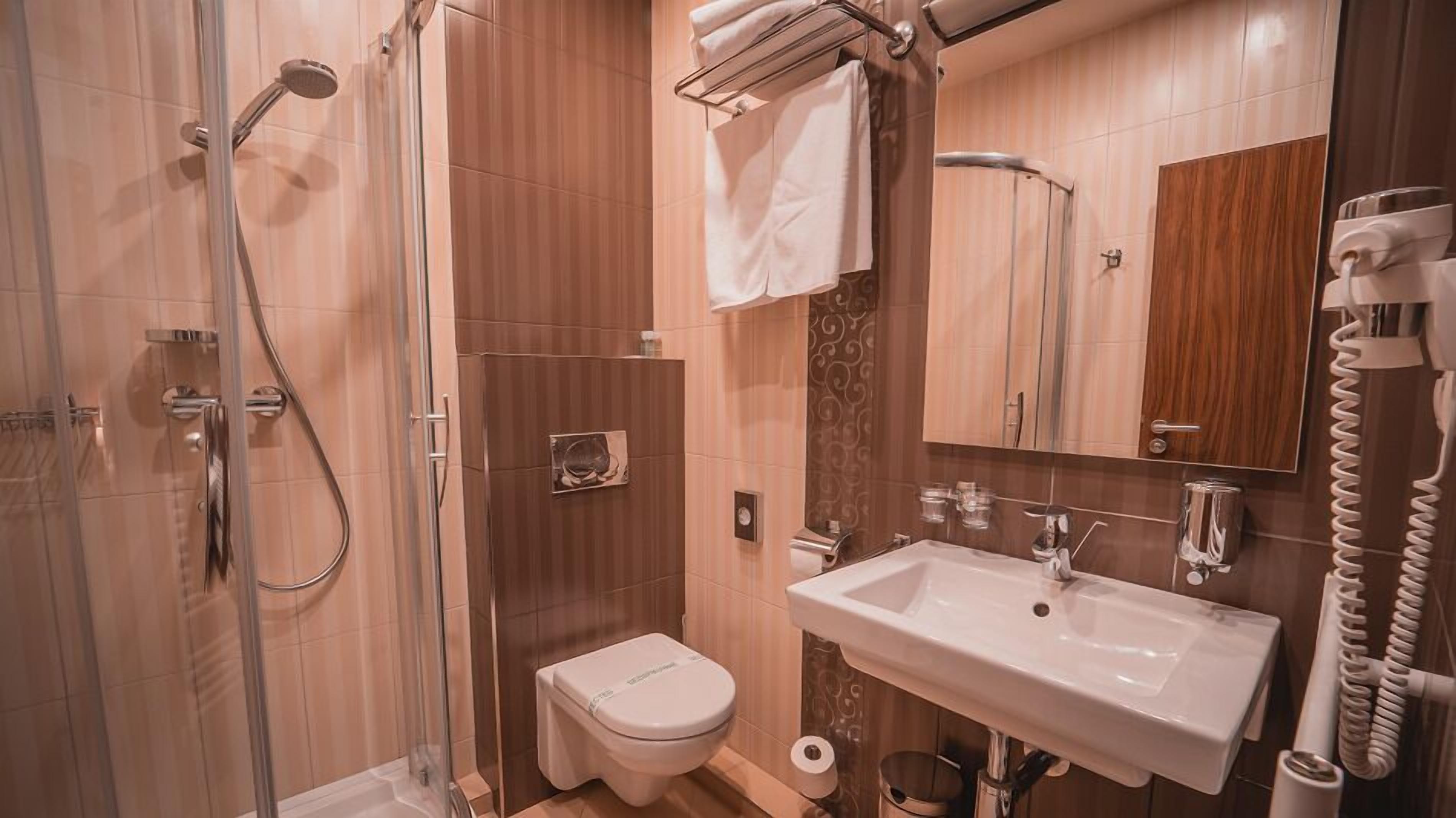 A modern bathroom with a glass-enclosed shower, a toilet, a sink, and a mirror.