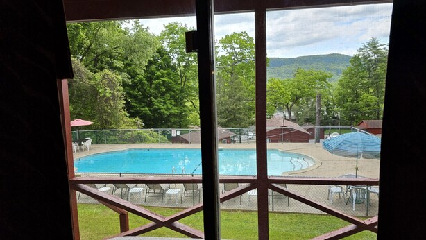 A view of a swimming pool from a covered deck area with tables and chairs, surrounded by a fenced yard and trees.
