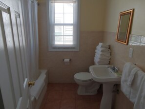 Eco-friendly toiletries, hair dryer, towels, soap