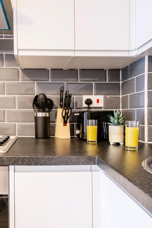 Fridge, microwave, oven, electric kettle