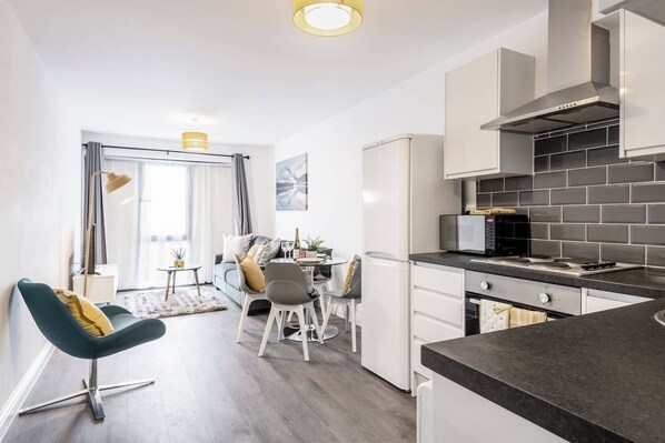 Fridge, microwave, oven, electric kettle