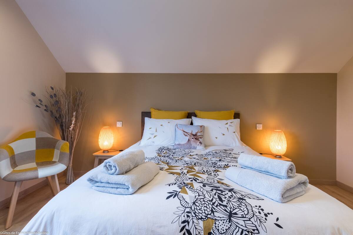 Una cama bien tendida con una colcha estampada, dos almohadas y dos lámparas de noche.