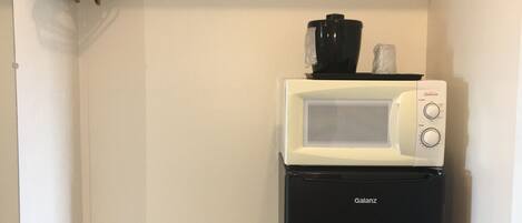 A compact kitchenette with a microwave and a small refrigerator.