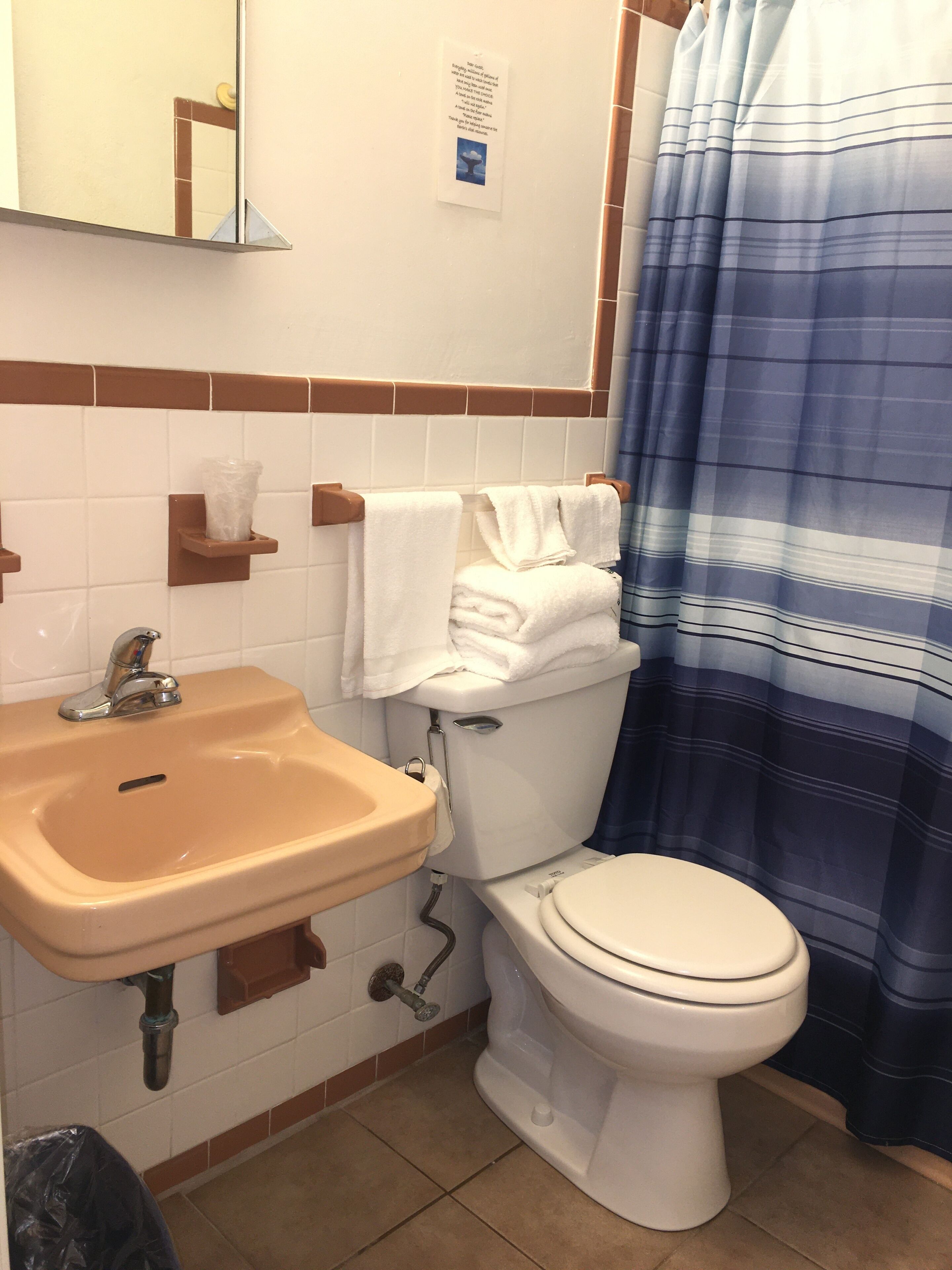 A bathroom with a sink, toilet, and a blue striped shower curtain.