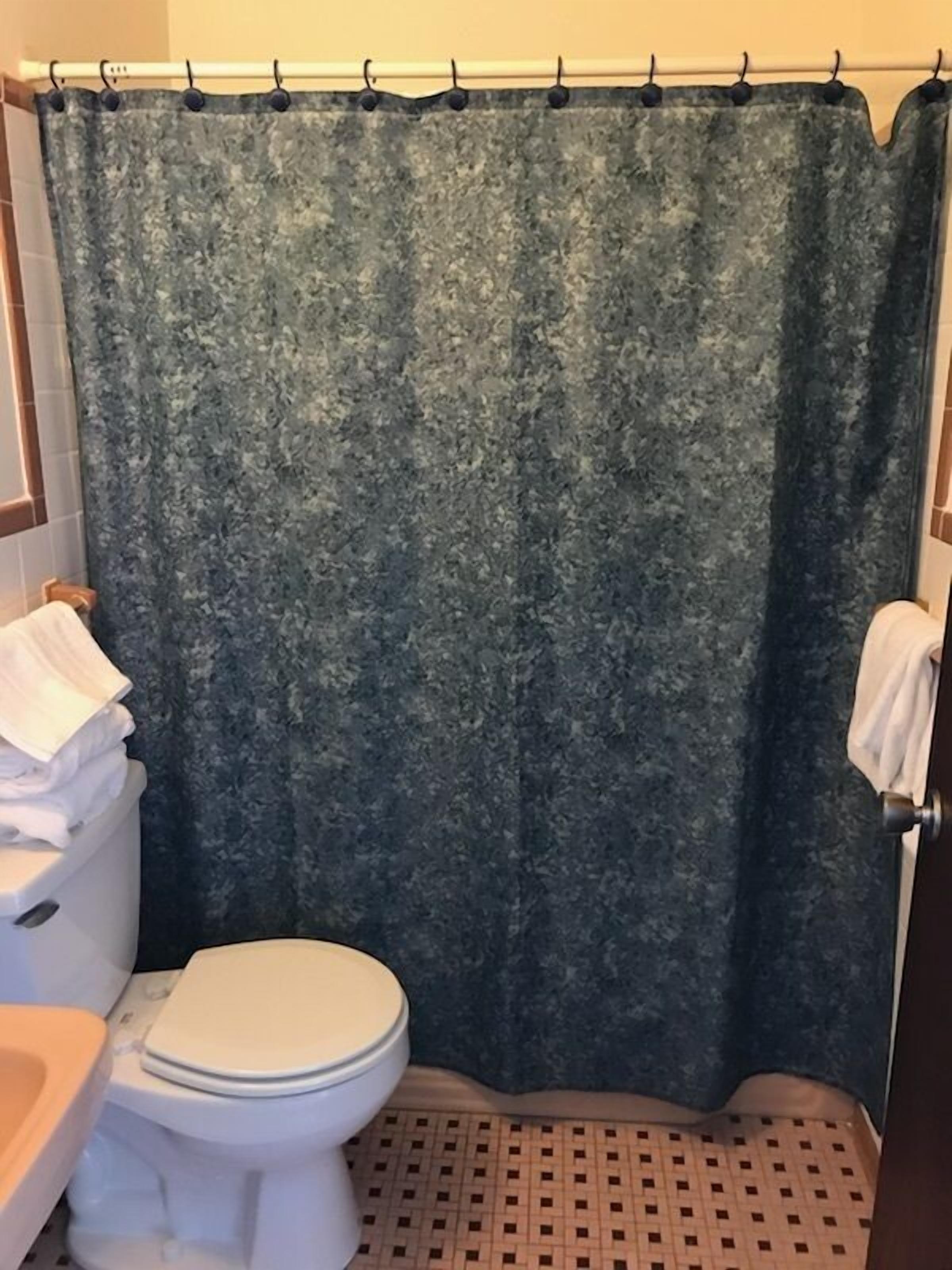 A bathroom with a white toilet, a sink, and a shower curtain.