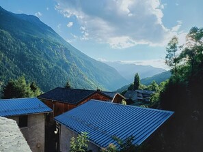 Un pueblo montañoso con casas de madera tradicionales y techos azules.